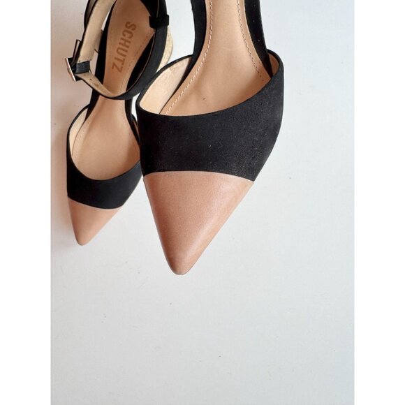 SCHUTZ Black Suede Tan Leather Pointed Cap Toe Jute Block Heel Sandals, Size 5.5 - Picture 8 of 15